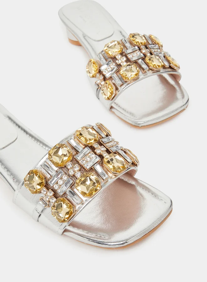 Take Two Women Silver Embellished Black Heel Sandals